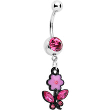 Pink Czech Stone Black Faceted Floral Foliage Dangle Belly Ring