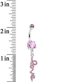 Pretty Pink Gem Studded Love Cursive Text Dangle Belly Ring