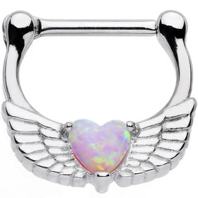 16G Steel Pinkish Synthetic Opal Heart Angel Wing Septum Clicker