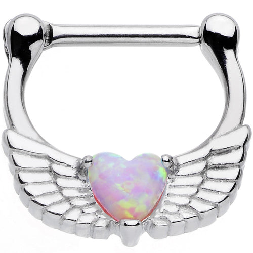 16G Steel Pinkish Synthetic Opal Heart Angel Wing Septum Clicker