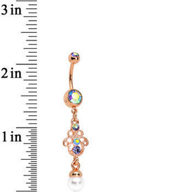 Aurora Gem Faux Pearl Rose Gold Anodized Hamsa Dangle Belly Ring