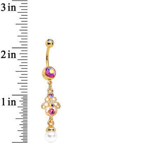 Pink Aurora Gem Faux Pearl Gold Anodized Hamsa Dangle Belly Ring