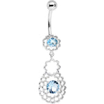 Blue CZ Gem Quatrefoil Layered Flowing Flower Form Dangle Belly Ring
