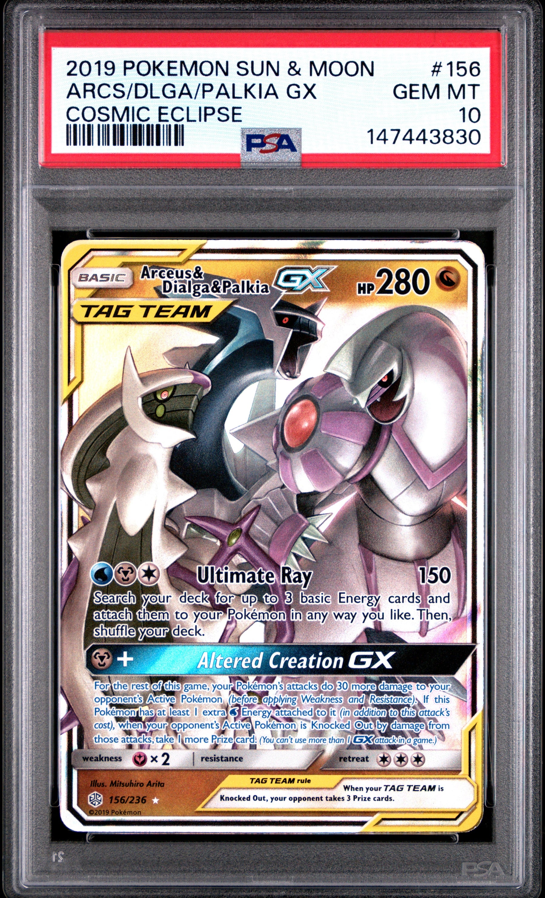2019 Pokemon Sun & Moon Cosmic Eclipse Arcs/Dlga/Palkia Gx 10 PSA #156