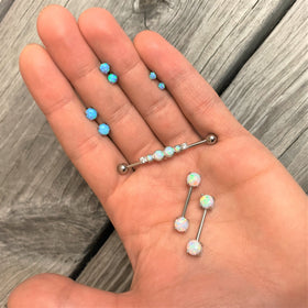 White Synthetic Opal Clear Gem Steel Industrial Barbell 36mm