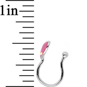 Pink Synthetic Opal Rhodium Plated Heart Clip On Fake Nose Ring