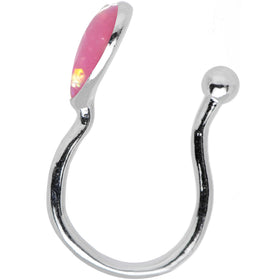 Pink Synthetic Opal Rhodium Plated Heart Clip On Fake Nose Ring