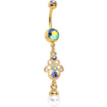Aurora Gem Faux Pearl Gold Anodized Hamsa Dangle Belly Ring