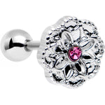 16G 1/4 Pink Gem Steel Mandala Flower Tragus Cartilage Earring