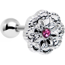 16G 1/4 Pink Gem Steel Mandala Flower Tragus Cartilage Earring