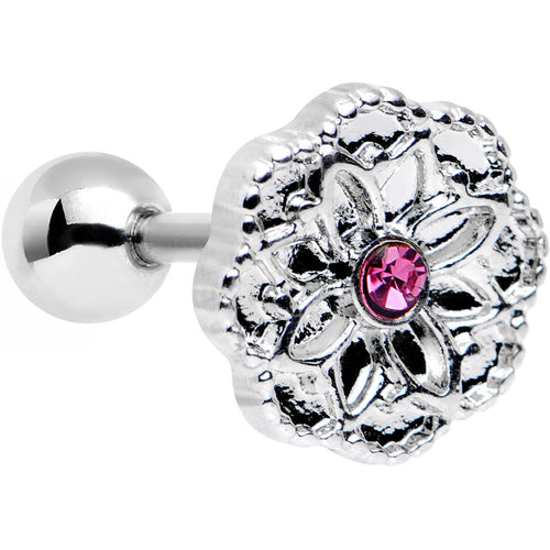16G 1/4 Pink Gem Steel Mandala Flower Tragus Cartilage Earring