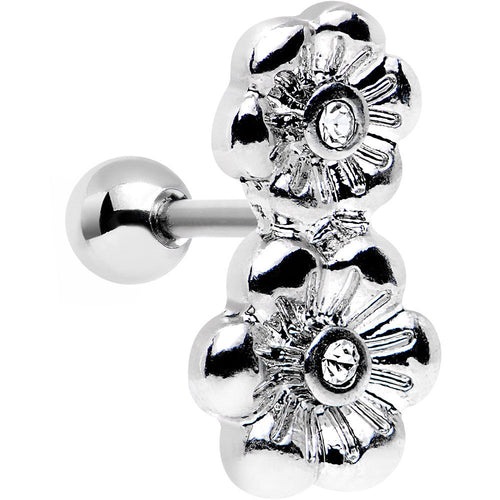 16G 1/4 Clear Gem Steel Double Flower Tragus Cartilage Earring
