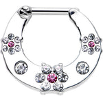 14G 5/16 Clear and Pink Gem Steel Flower Septum Clicker