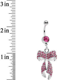 Pink Gem Stainless Steel Encrusted Bow Dangle Belly Ring