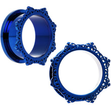 7/8 Blue PVD Filigree Frame Screw Fit Tunnel Plug Set