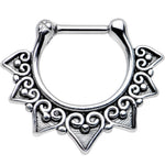 16G 1/4 Steel Barbell Ornate Heart Detailed Hoop Septum Clicker