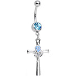 Baby Blue Gem Cross and Rose Flower Loving Spirit Dangle Belly Ring