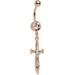 Clear Gem Rose Gold Anodized Skull Pirate Sword Dangle Belly Ring