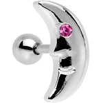 16G 1/4 Pink Gem Steel Crescent Moon Left Cartilage Earring