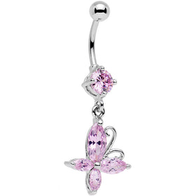 Light Pink Gem Butterfly Prong Set Dangle Belly Ring