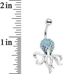 Clear and Aqua Gem Paved Steel I'm All Tentacles Octopus Belly Ring