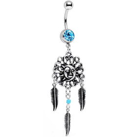 Aqua Gem Sun and Moon Feather Celestial Daydream Dangle Belly Ring