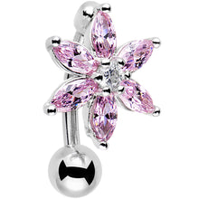 Pink Gem Lily Flower Top Mount Dangle Belly Ring