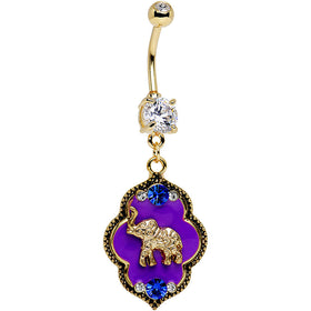 Clear Gem Gold PVD Purple Lucky Elephant Dangle Belly Ring