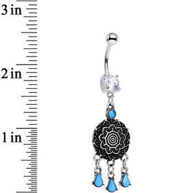 Clear Gem and Faux Turquoise Leafy Lotus Flower Disk Dangle Belly Ring