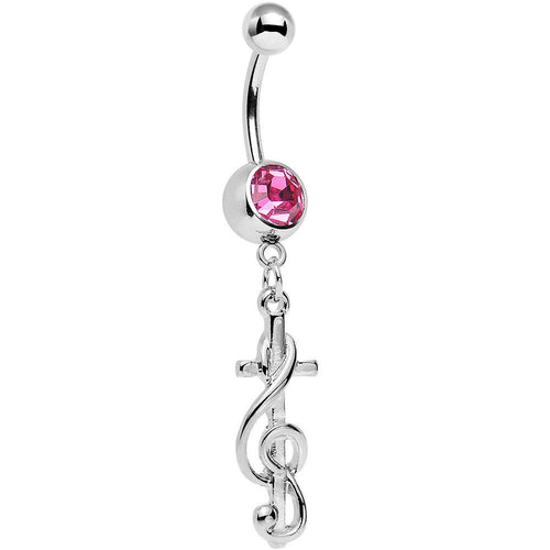 Pink Gem Treble Clef Make Music Note and Cross Dangle Belly Ring