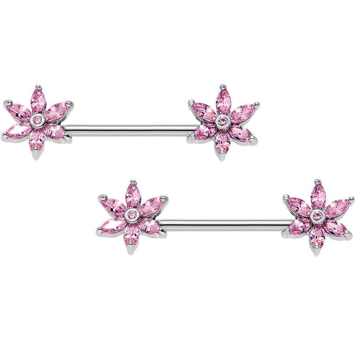 14G 5/8 Pink CZ Gem Pimpernel Flower Ends Nipple Babell Set
