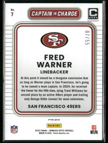 2025 Donruss Optic Captain in Charge Blue Ice #/55 Fred Warner #7