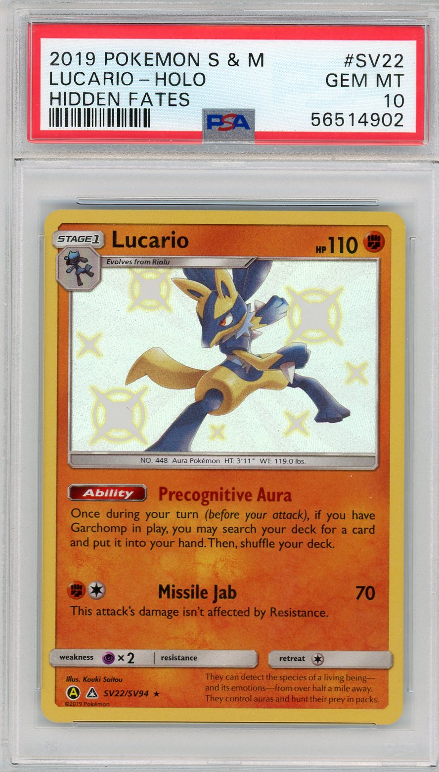 2019 Pokemon Sun & Moon Hidden Fates Hidden Fates Lucario-Holo 10 PSA #SV22