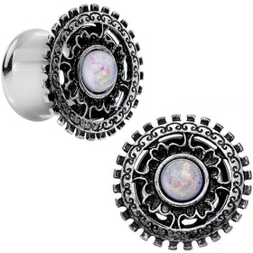1/2 White Faux Opal Steel Finely Framed Double Flare Plug Set