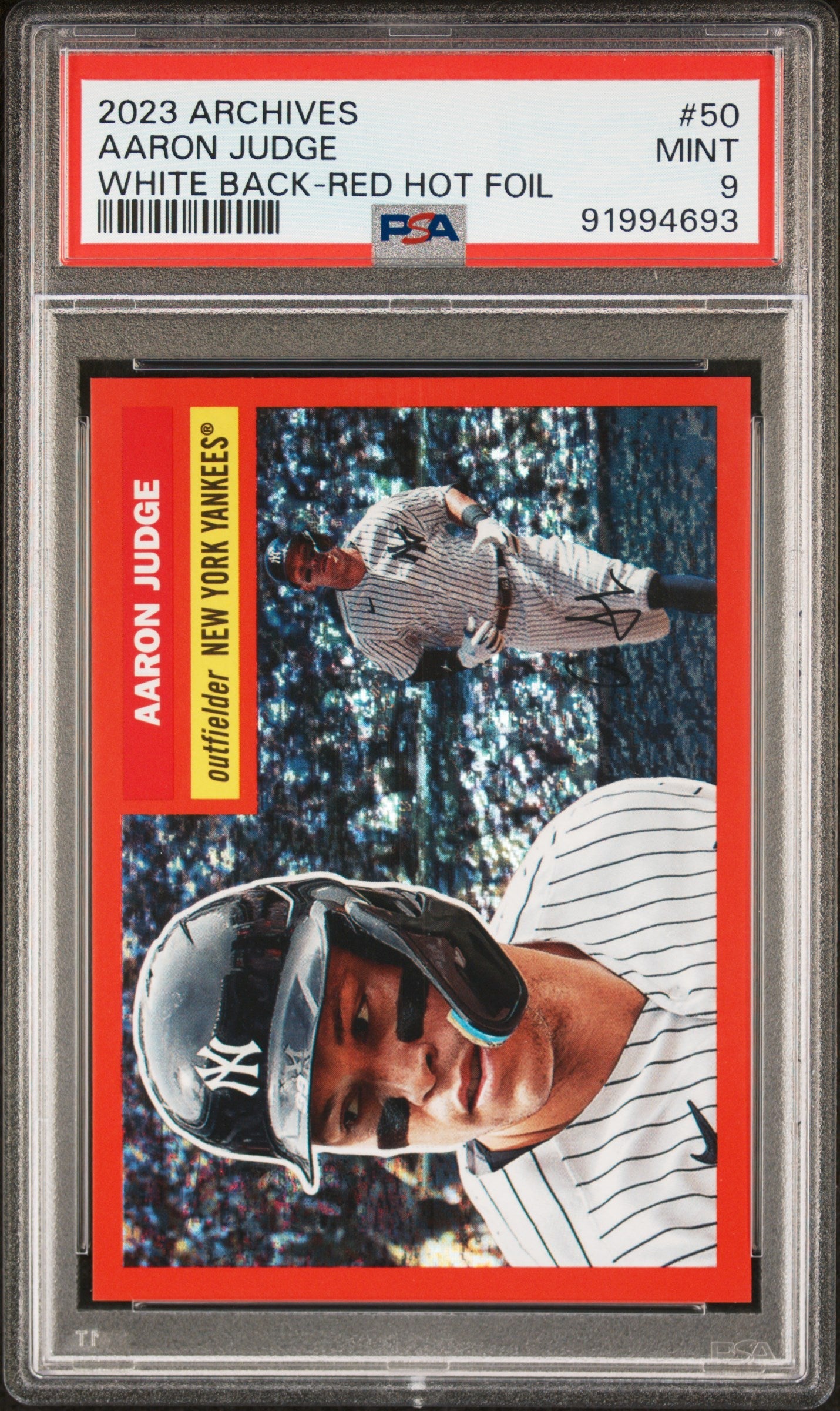 2023 Topps Archives White Back-Red Hot Foil Aaron Judge 9 PSA #50