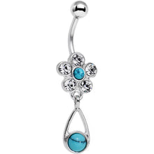Faux Turquoise Clear Gem Falling For Flowers Dangle Belly Ring