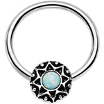 14G 9/16 White Faux Opal Steel Ornate Star Symbol Captive Ring