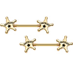 14G 5/8 Gold Plated Steel Sheriffs Badge Nipple Barbell Set