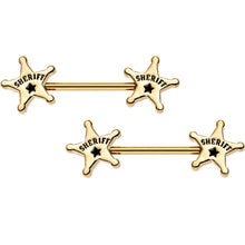 14G 5/8 Gold Plated Steel Sheriffs Badge Nipple Barbell Set