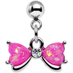 16G 1/4 Pink Faux Opal Heart Bow Dangle Cartilage Earring