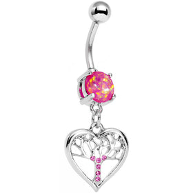 Pink Faux Opal Pink Gem Tree of Life Heart Dangle Belly Ring
