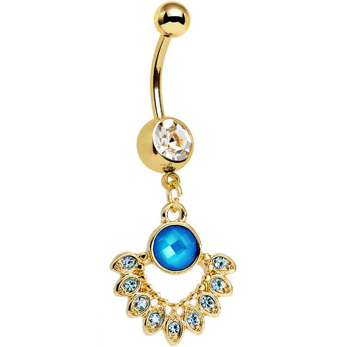 Clear Aqua Gem Gold PVD Debutante Dangle Belly Ring