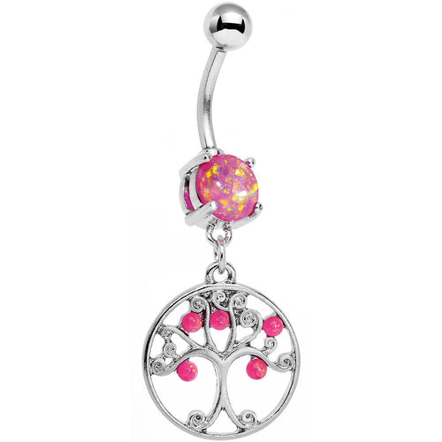 Pink Faux Opal Terra Firma Tree of Life Dangle Belly Ring
