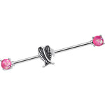 14G Pink Faux Opal Sheathed Wings Industrial Barbell 38mm