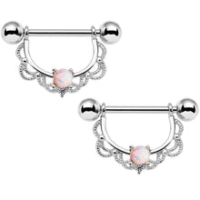 14G 5/8 White Synthetic Opal Steel Scalloped Nipple Ring Set