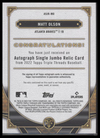 2022 Topps Triple Threads Autograph Single Jumbo Relics Amethyst Matt Olson #/75