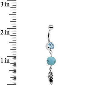 Aqua Gem Faux Turquoise Freedom Feather Dangle Belly Ring