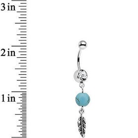 Clear Gem Faux Turquoise Freedom Feather Dangle Belly Ring