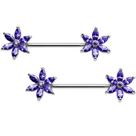 14G 5/8 Purple CZ Pimpernel Flower Ends Nipple Barbell Set