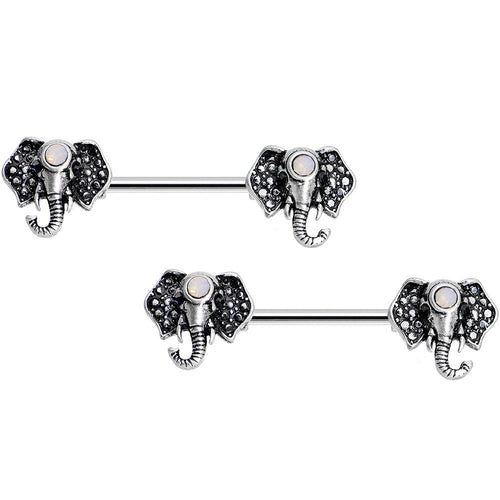 14G 9/16 White Faux Opal Elegant Elephant Nipple Ring Set